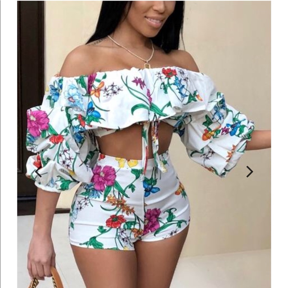 Print Off The Shoulder Two Pieces Suit